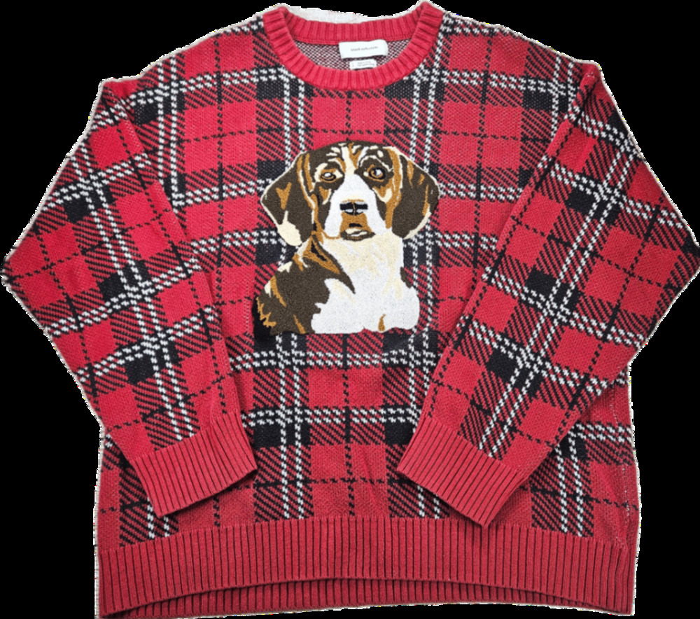 Urban Outfitters Men's Red Plaid Beagle Dog Crewneck Sweater Large Knit